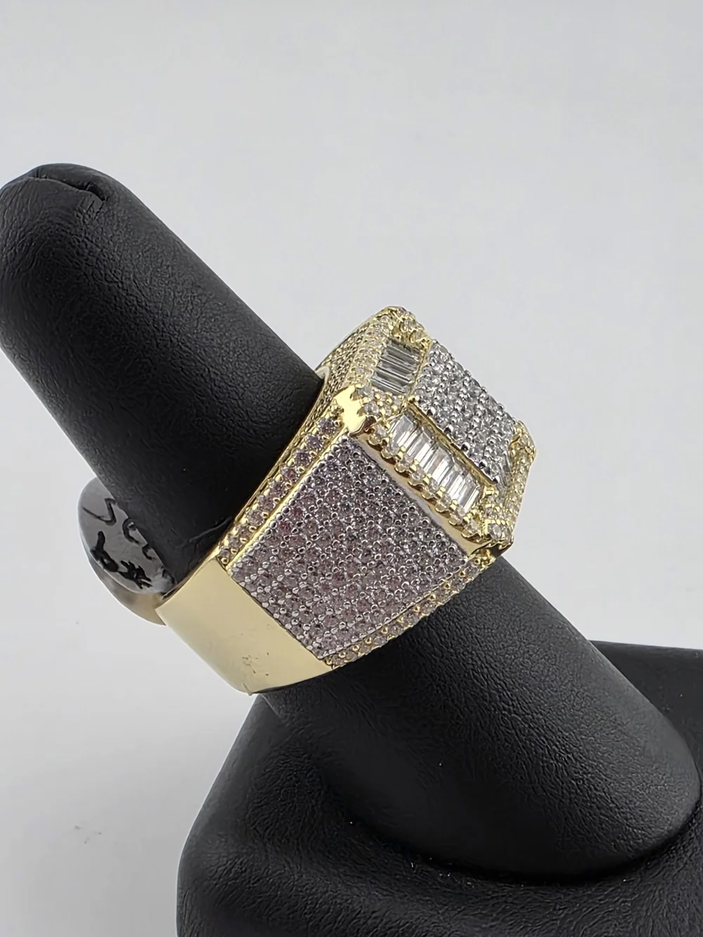 Sterling Silver 925 Gold-Tone Pave Square Statement Ring with Clear C.z Stones